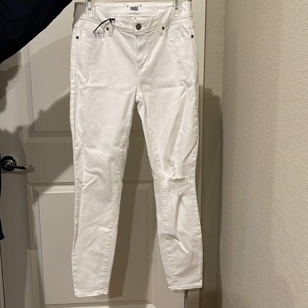 Paige White Distressed Skinny Crop Jeans - Picture 4 of 7